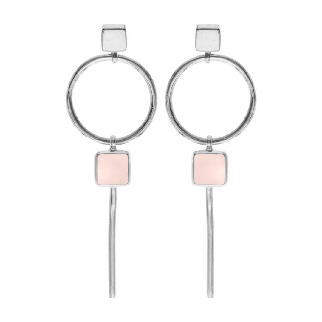Silver and Rose Quartz Large Open Circle Drop Earrings