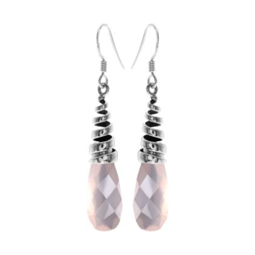 Briolette Rose Quartz Coiled Silver Top Earrings