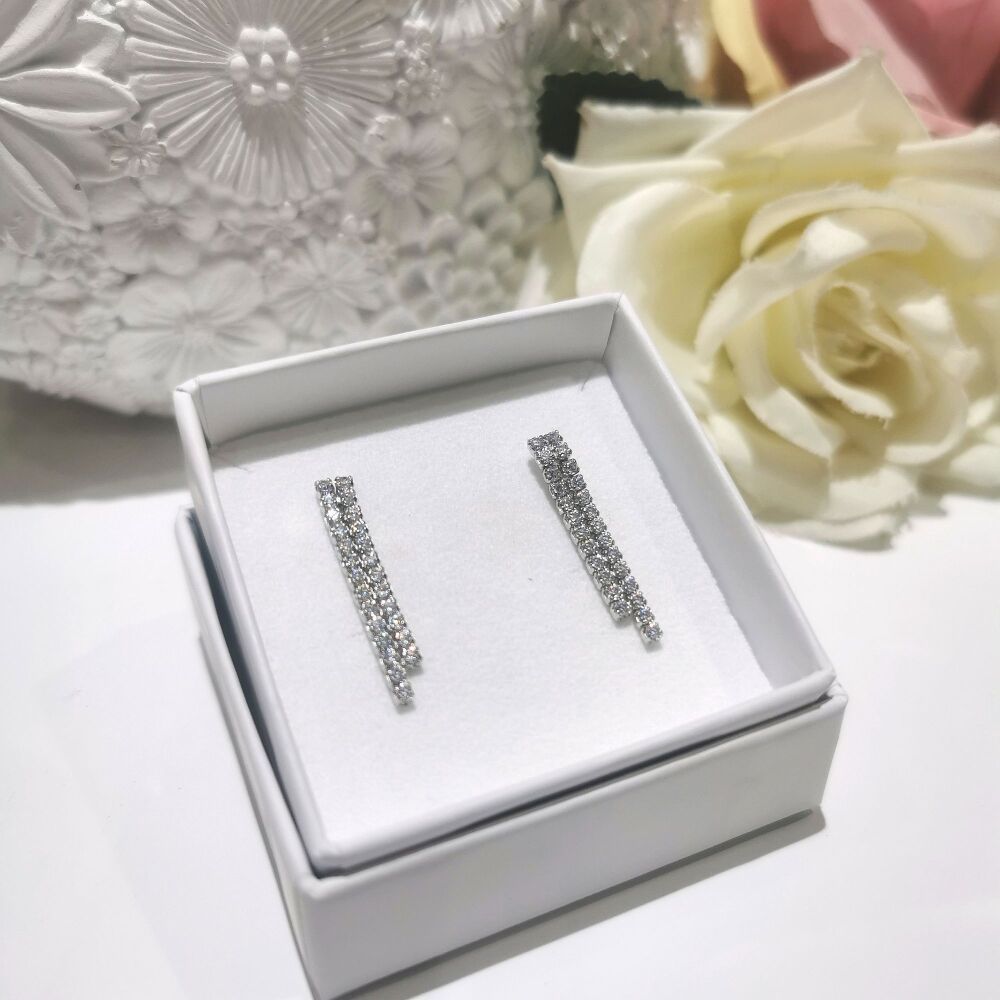 Sterling Silver Double Row CZ Drop Earrings