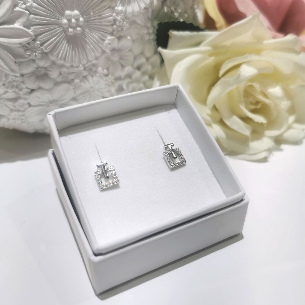 Sterling Silver & CZ Square Modern Stud Earrings