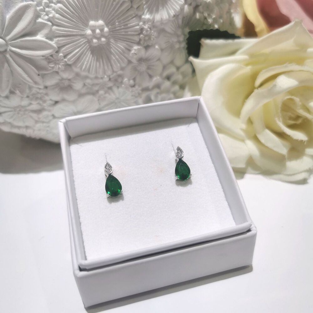 Sterling Silver & Emerald CZ Teardrop Stud Earrings