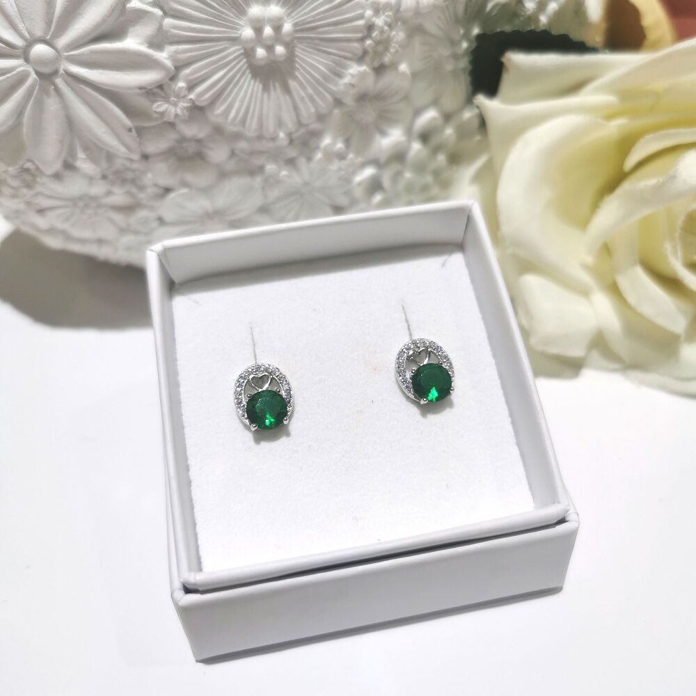 Silver Emerald Green & Heart Earrings