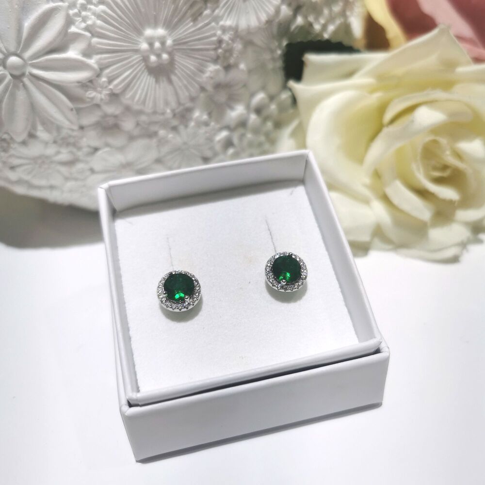 Emerald Green and Silver Halo Stud Earrings