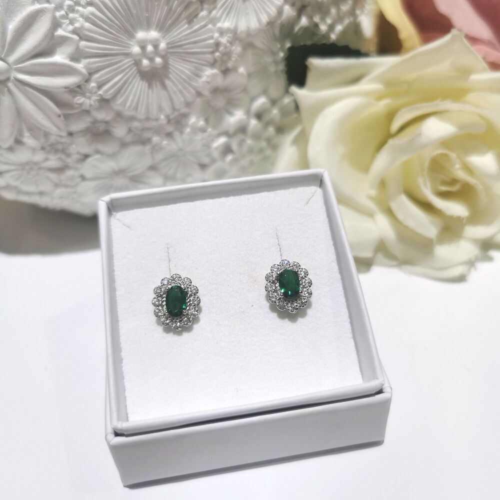 Emerald Silver Oval Cluster Earrings