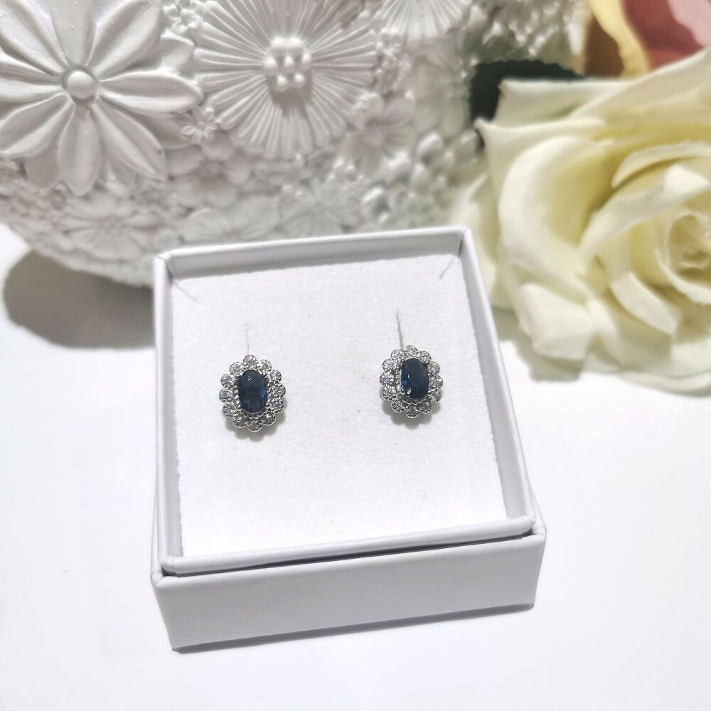 Sapphire Blue and Silver Oval Cluster Earrings.