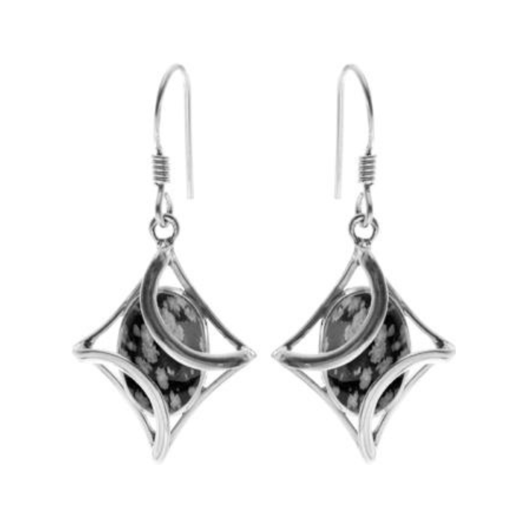 Snowflake Obsidian Diamond Shaped Sterling Silver Drop Earrings