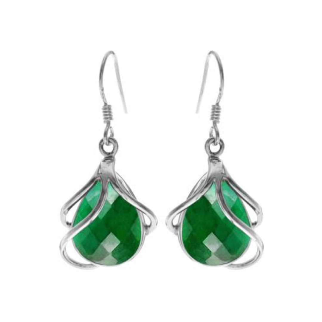 Emerald Quartz Teardrop Twist Silver Earrings