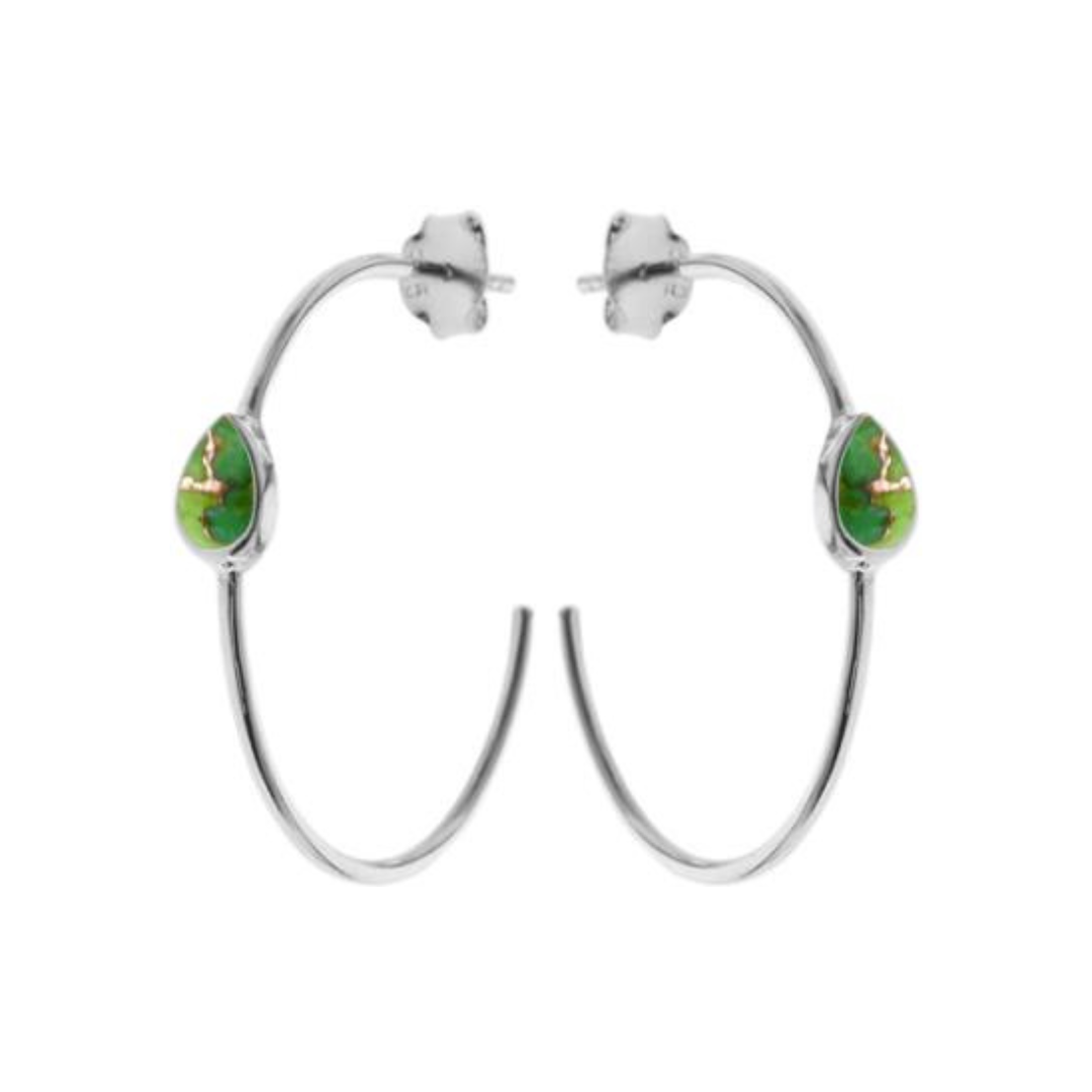 Mohave Green Turquoise Teardrop 30mm Silver Hoop Earrings