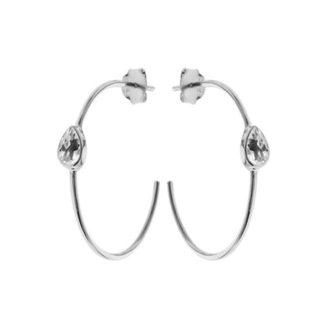 Quartz Teardrop 30mm Silver Hoop Earrings