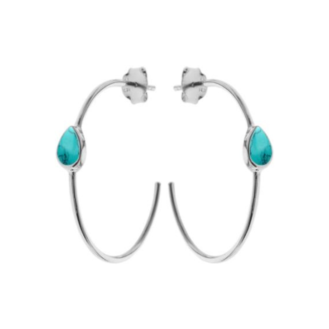Turquoise Teardrop 30mm Silver Hoop Earrings
