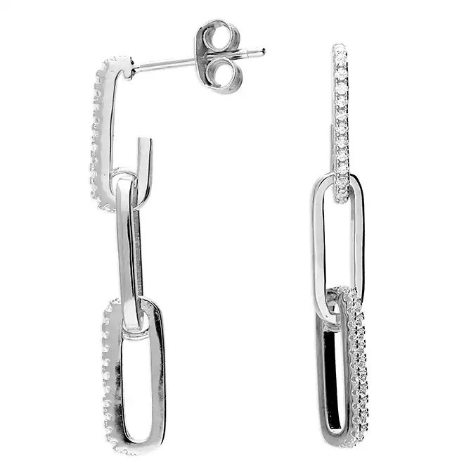 Sterling Silver Cubic Zirconia Fancy Paper Clip Drop Earring
