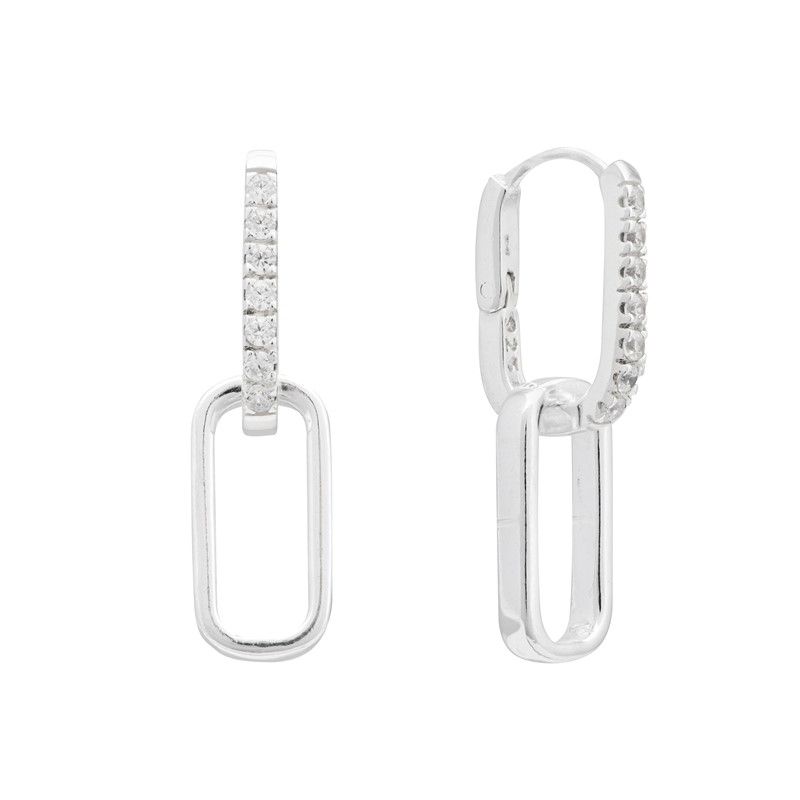 Silver Drop Link Cubic Zirconia Huggie Style Earrings