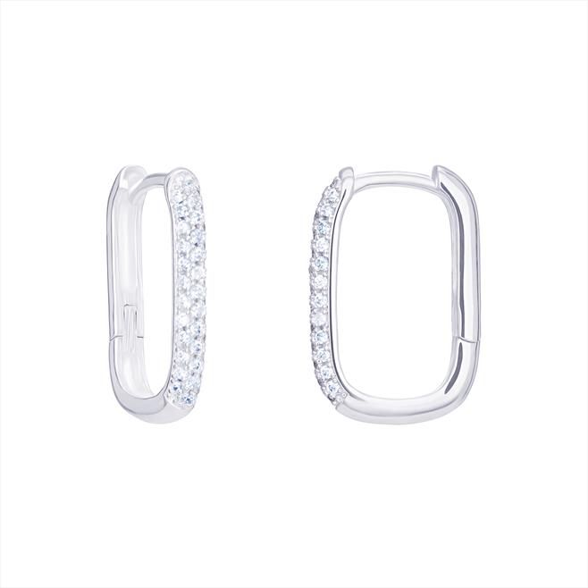 Silver & CZ Oval Hoop Huggie Earrings