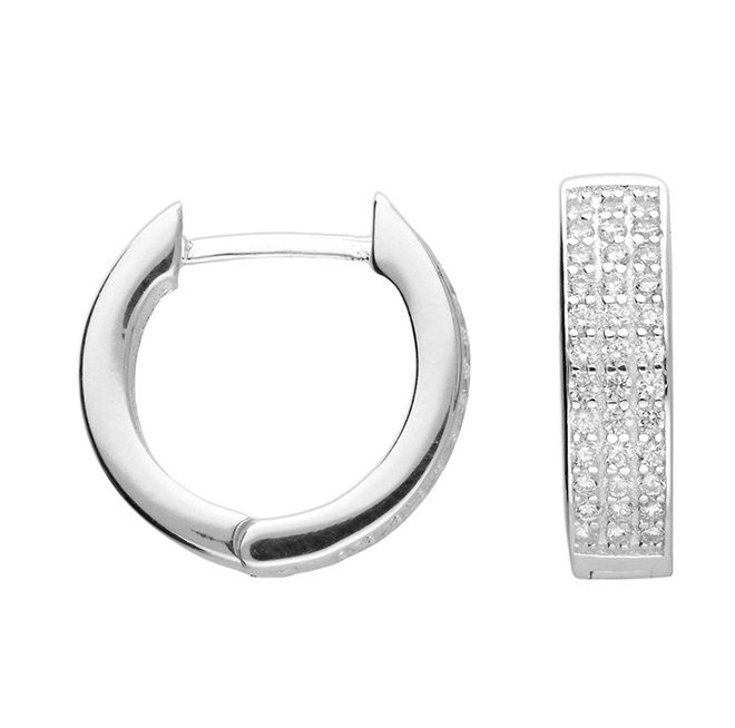 White Cubic Zirconia Triple Row Pave Huggie Hoop Earrings
