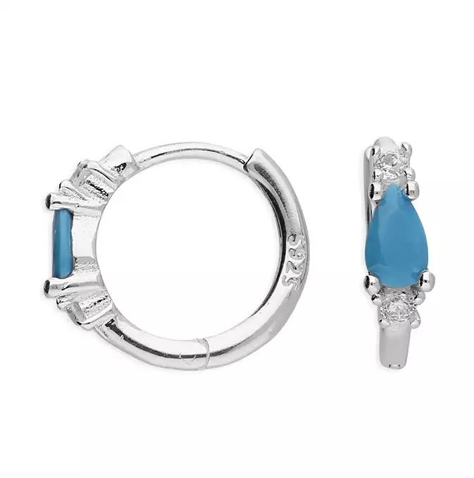 Turquoise & CZ Silver Huggie Earrings