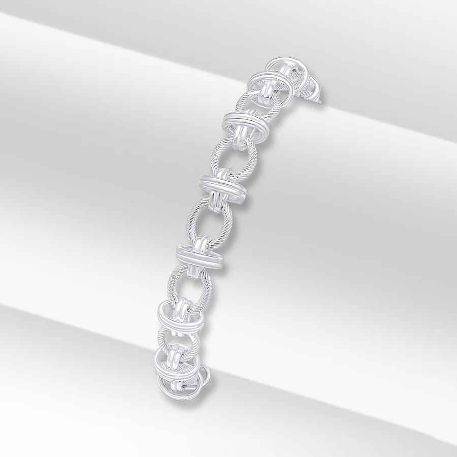 Silver Handmade 9mm Textured Oval Double Ring Chain Bracelet