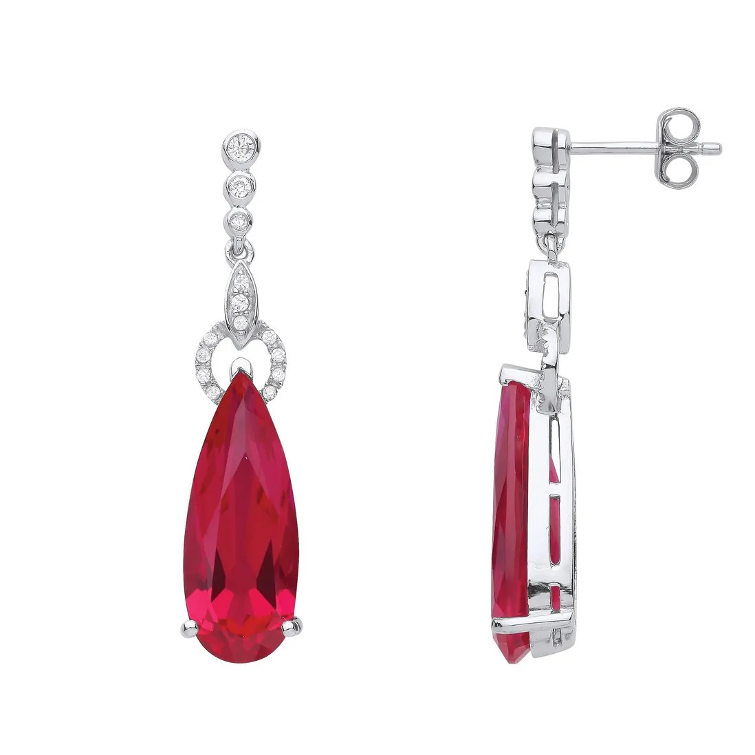 Silver Ruby Red CZ Teardrop Earrings