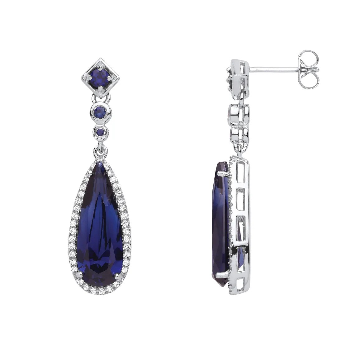 Silver Sapphire Blue CZ Long Teardrop Earrings
