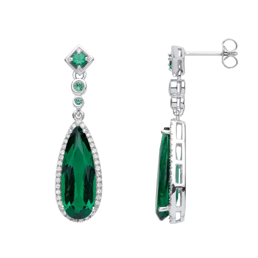 Silver Emerald Green CZ Long Teardrop Earrings