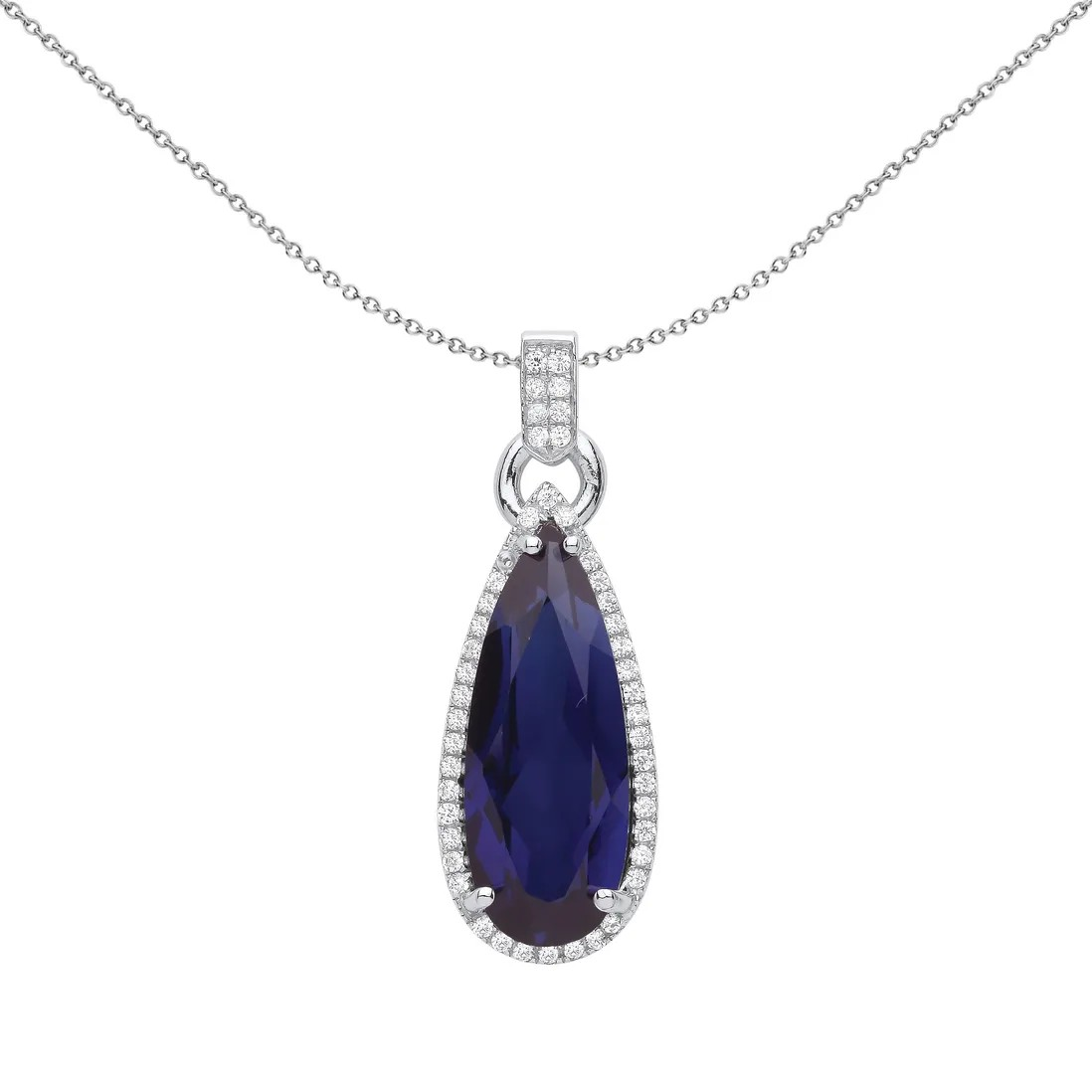Silver Sapphire Blue CZ Teardrop Pendant & Chain