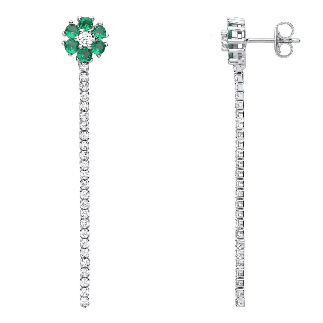 Silver CZ Emerald Green Flower Drop Earrings