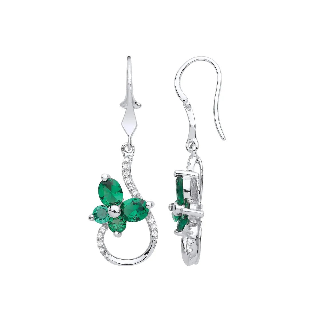Silver CZ & Emerald Green Fancy Flower Drop Earrings