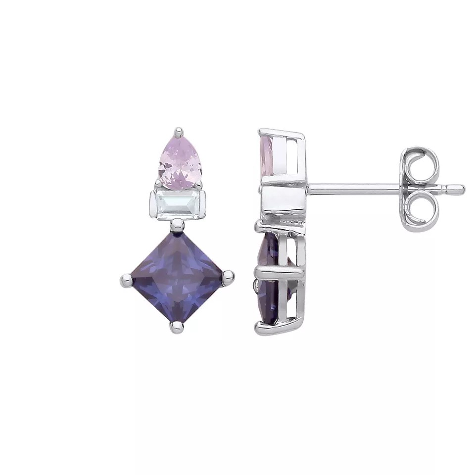 Silver Light Tanzanite & Amethyst CZ Stud Earrings