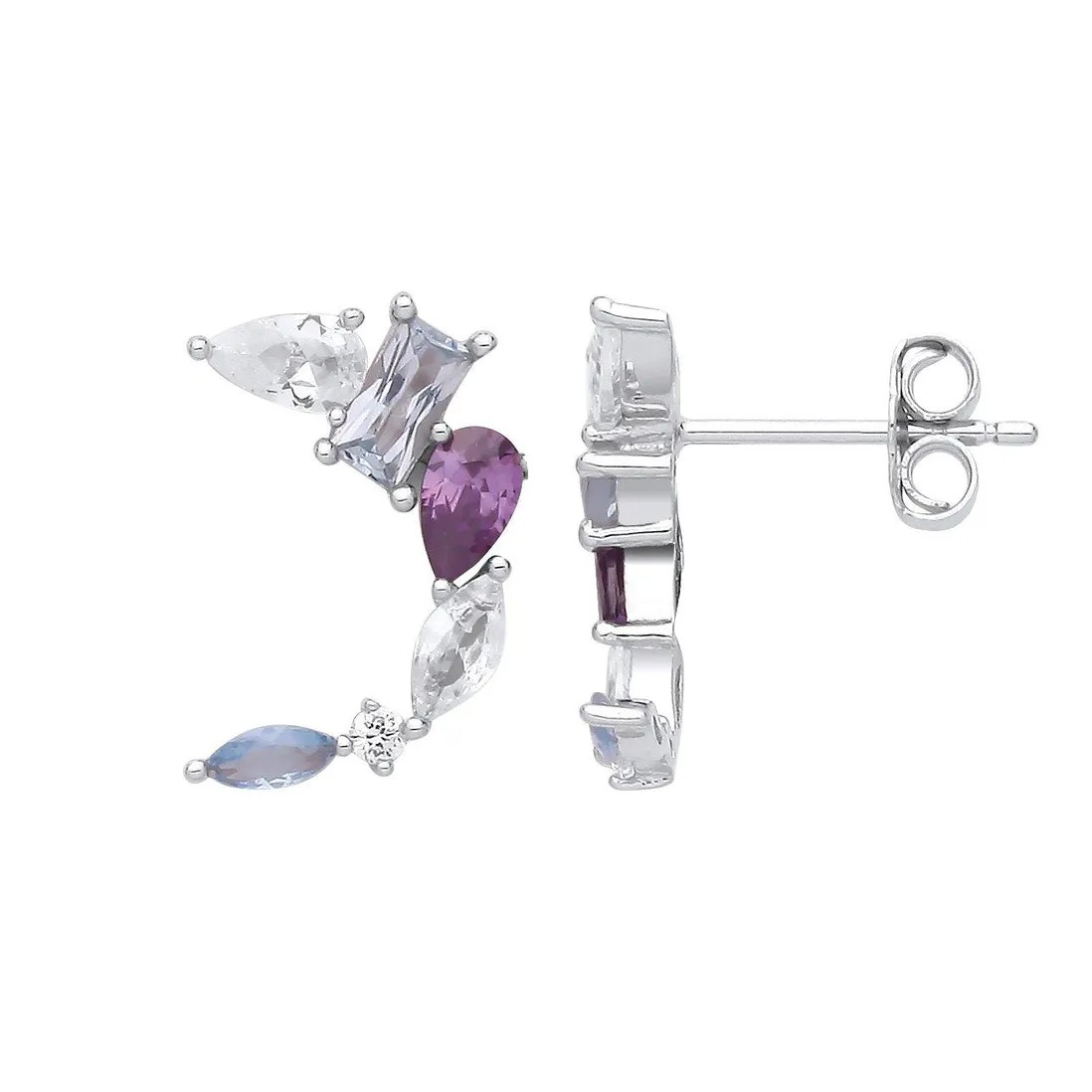 Silver Blue Spinel, Mid Amethyst & White CZ Crescent Earrings