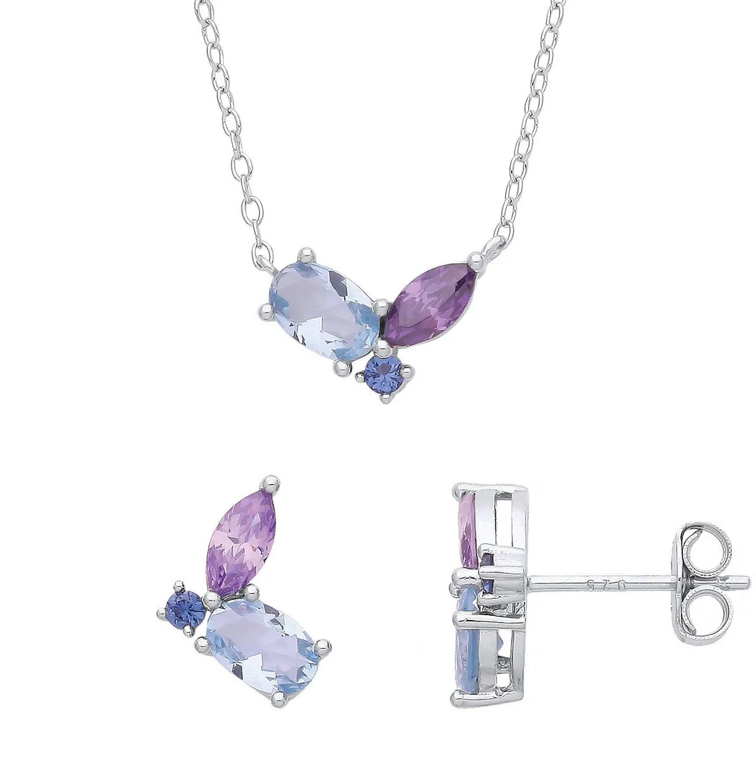 Silver Trio Blue & Purple Pendant And Earrings Set