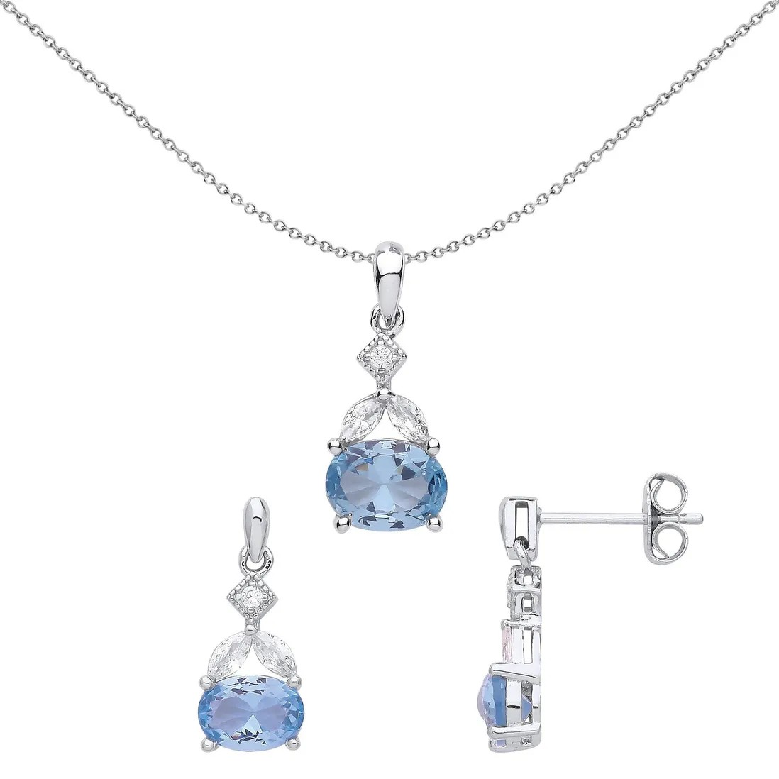 Silver Aqua Blue oval CZ Earrings & Pendant Set