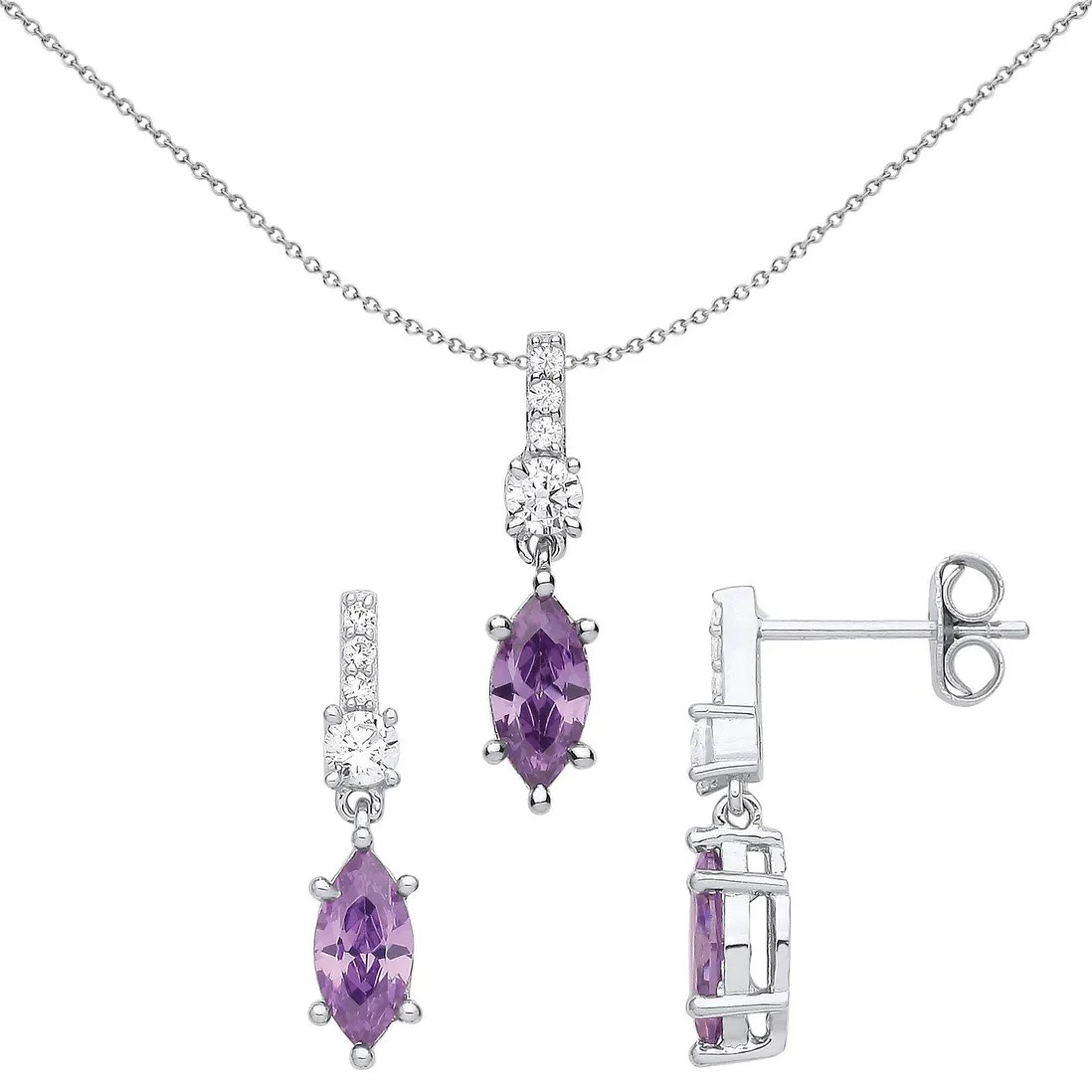 Silver & Amethyst CZ Pendant and Earrings Set