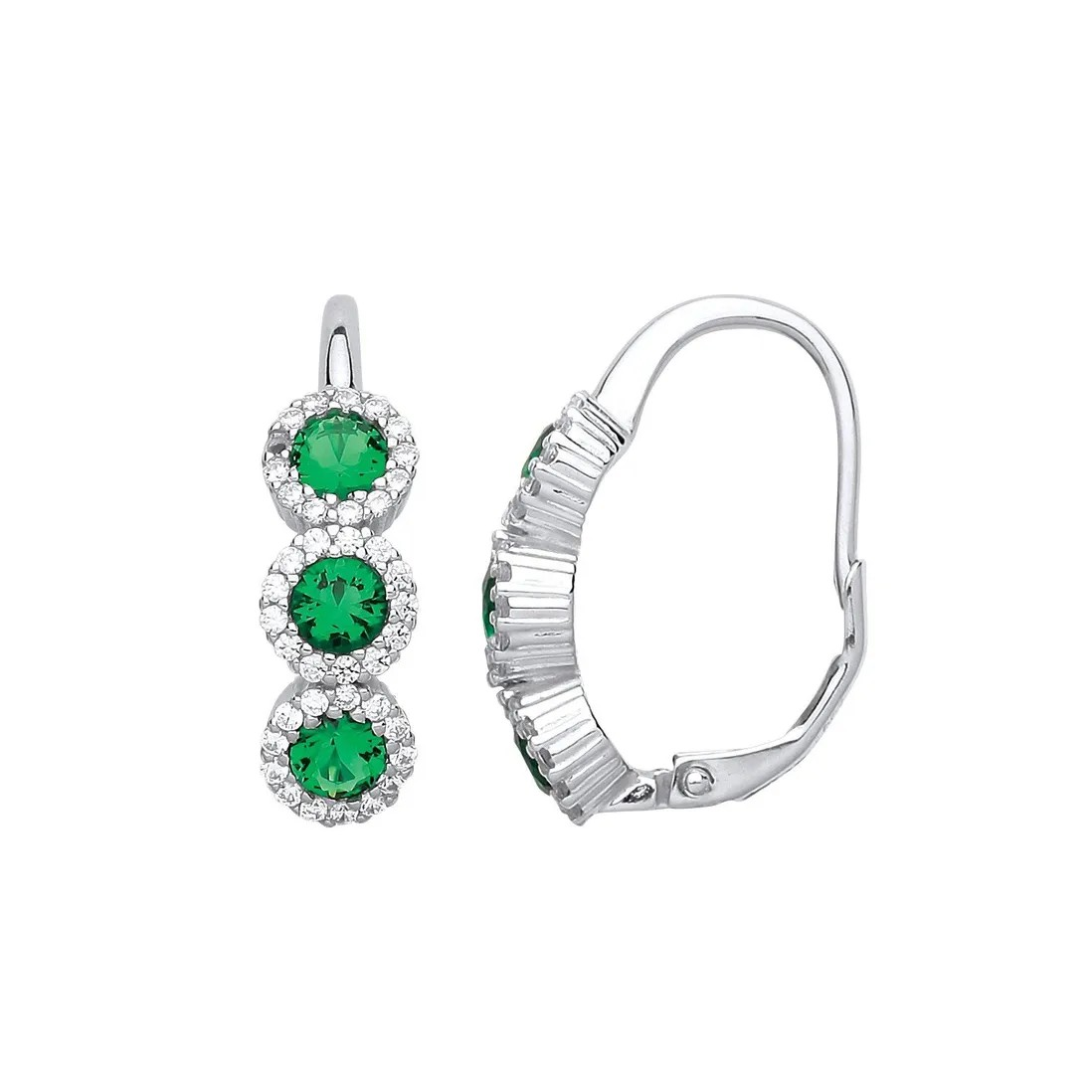 Silver Emerald Green Halo Cluster Earrings