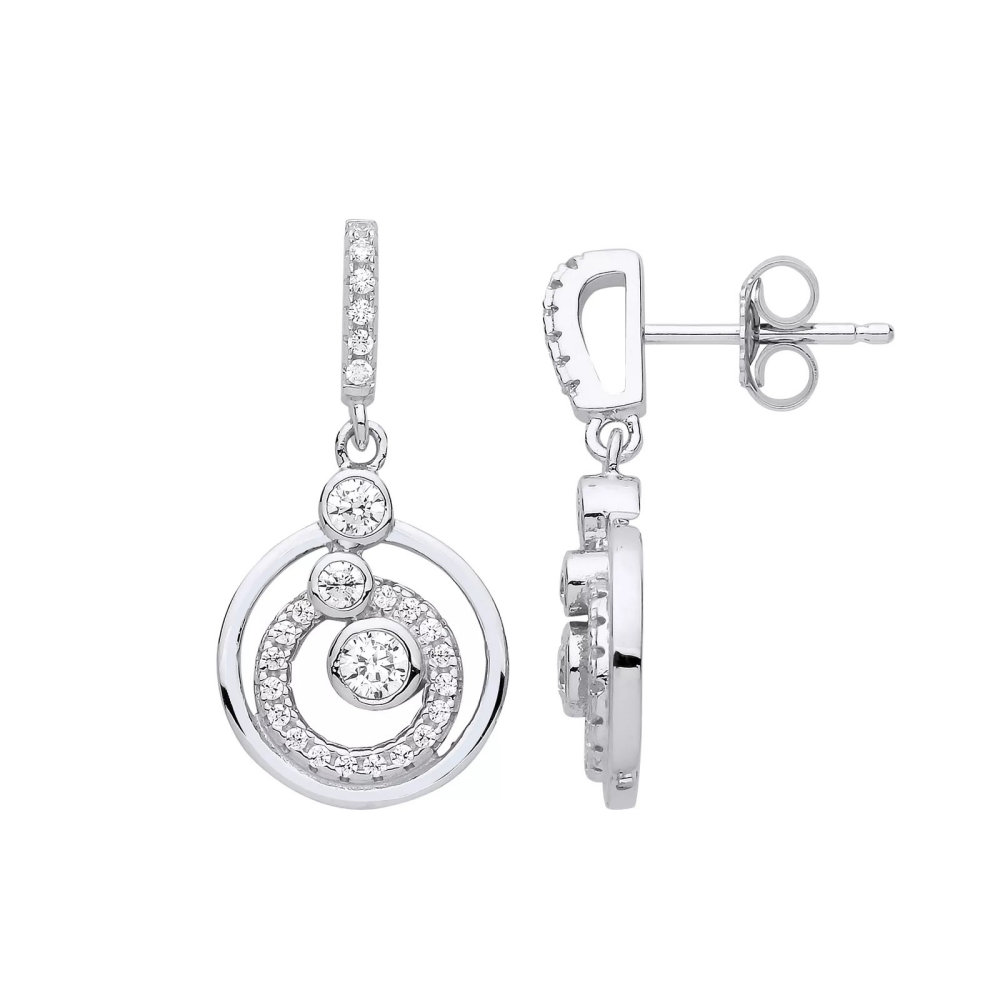 Silver Circles CZ Drop Earrings