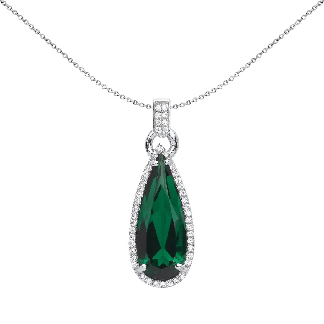 Silver Emerald Green CZ Teardrop Pendant & Chain