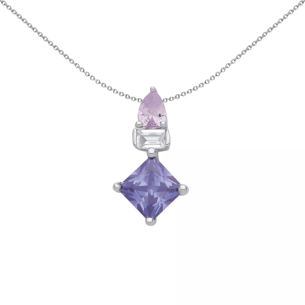 Silver Light Tanzanite & Amethyst CZ Pendant & Chain