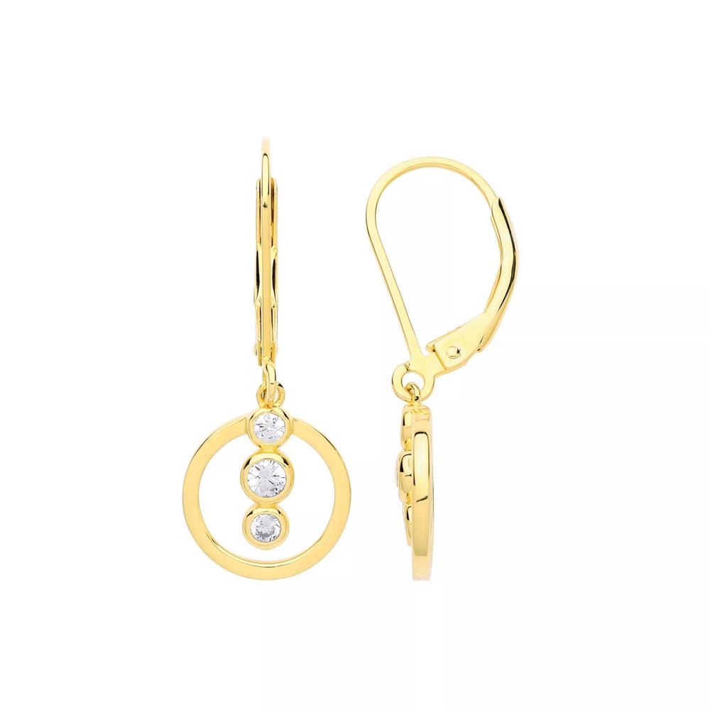 Gold Circle CZ Drop Earrings