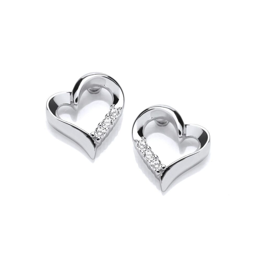 Silver & Cubic Zirconia Offset Heart Earrings - Cavendish French
