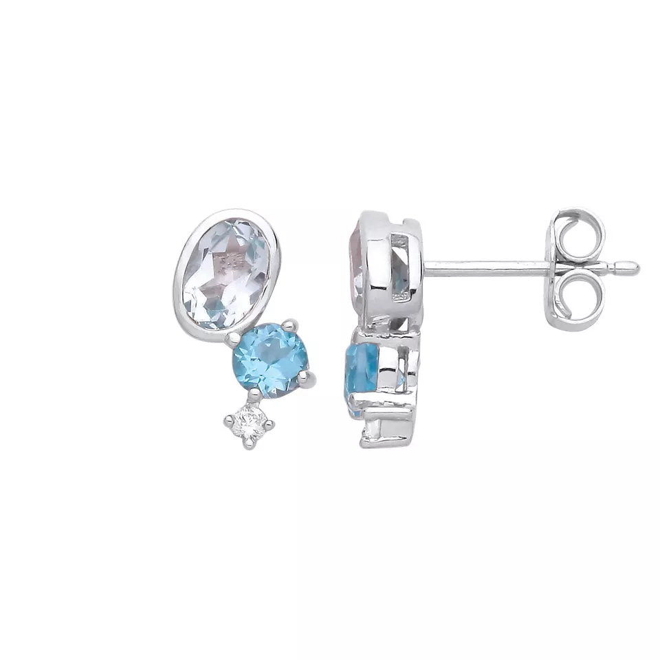 Silver Swiss Blue Topaz & Sky Blue Topaz CZ Stud Earrings