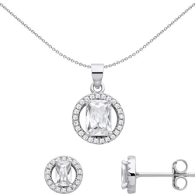 Silver Emerald Cut CZ Cluster Pendant And earrings Set