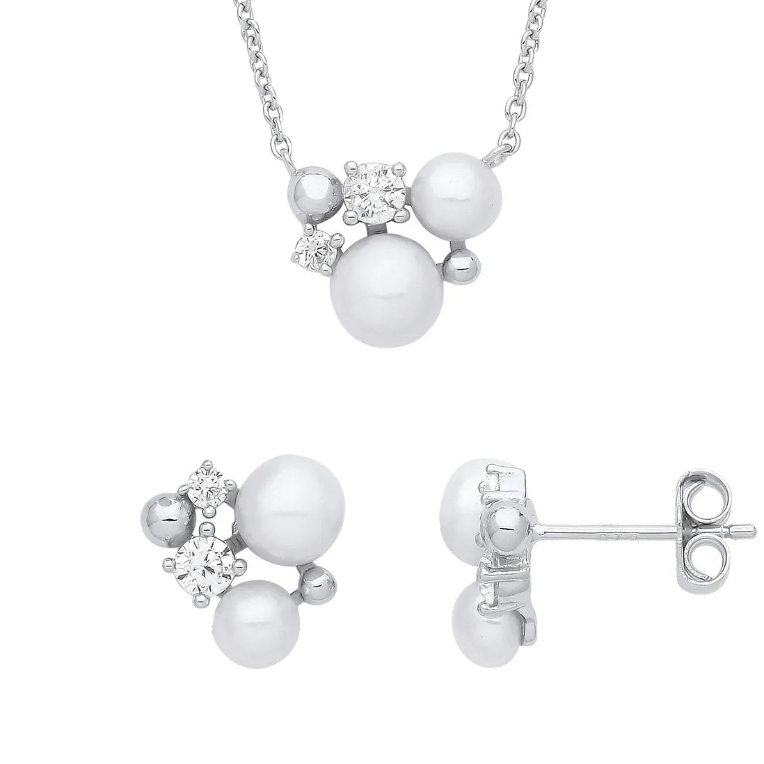 Silver Pearl CZ Cluster Necklace & Earrings Set