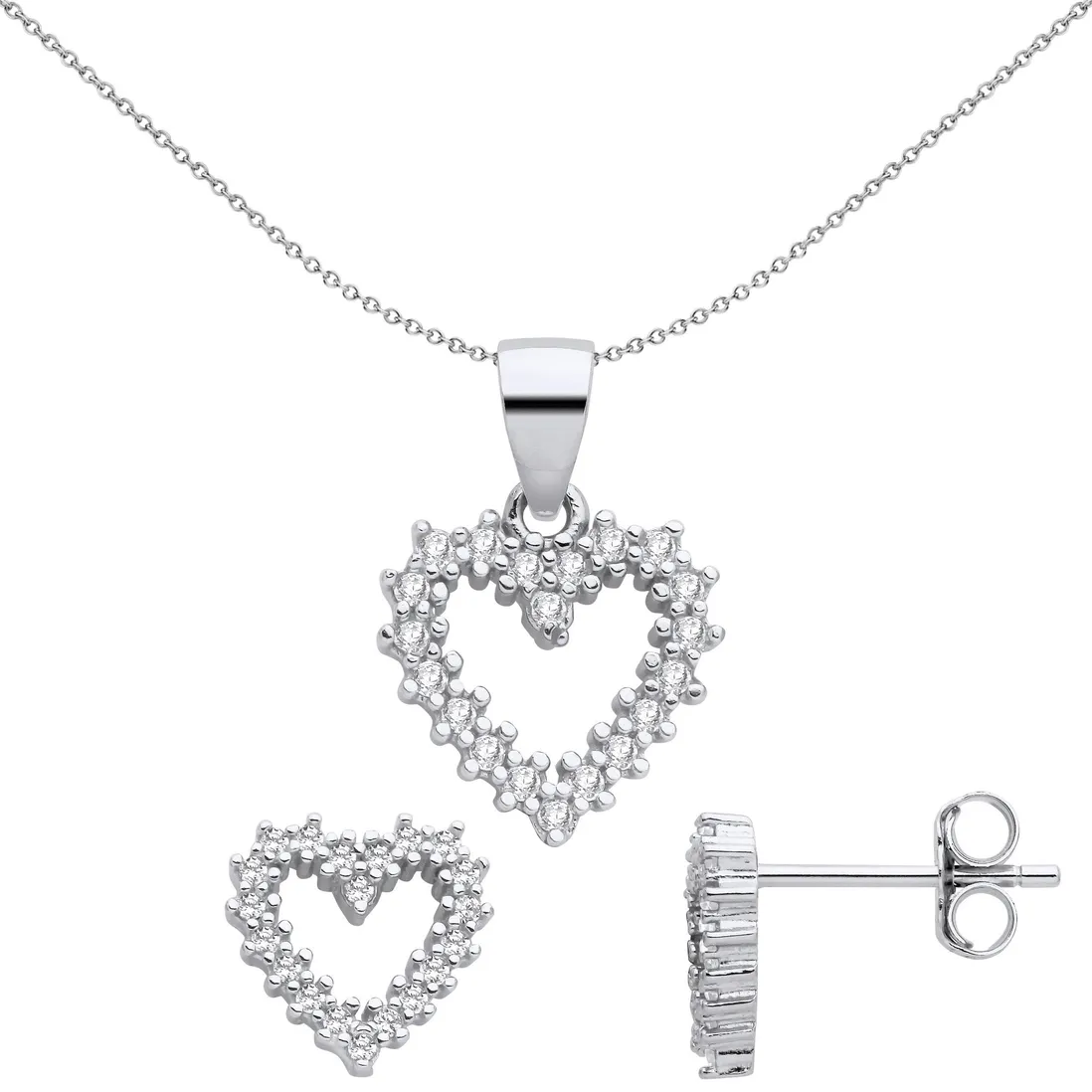 Silver CZ Open Heart Pendant & Earrings Set