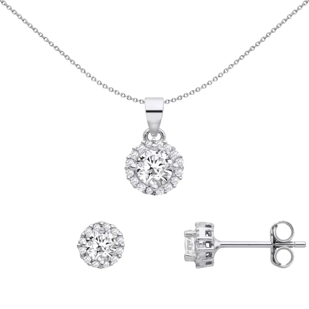 Silver Halo Cluster Pendant And Earrings Set