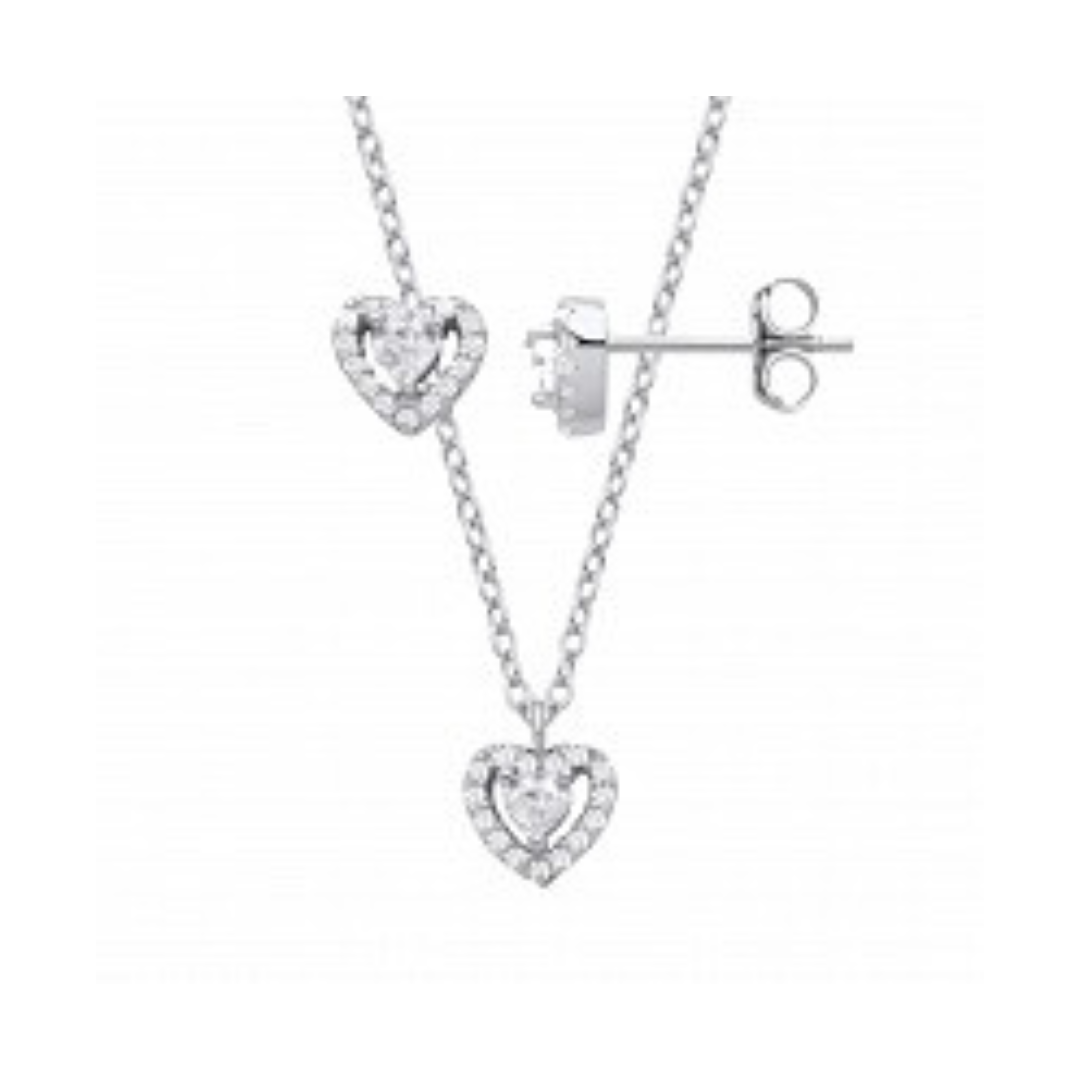 Silver Halo Heart Pendant And Earrings Set