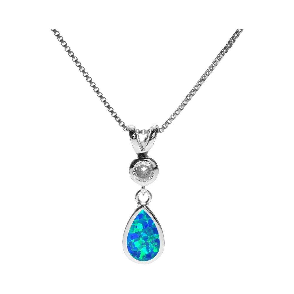 Silver Blue Opalique and CZ Teardrop Necklace