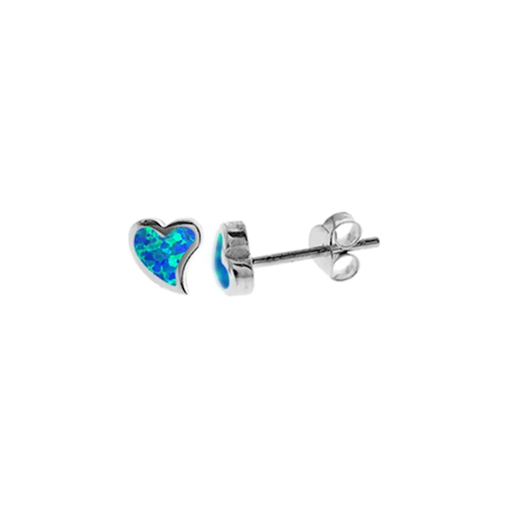 Small Blue Opalique Heart Silver Studs