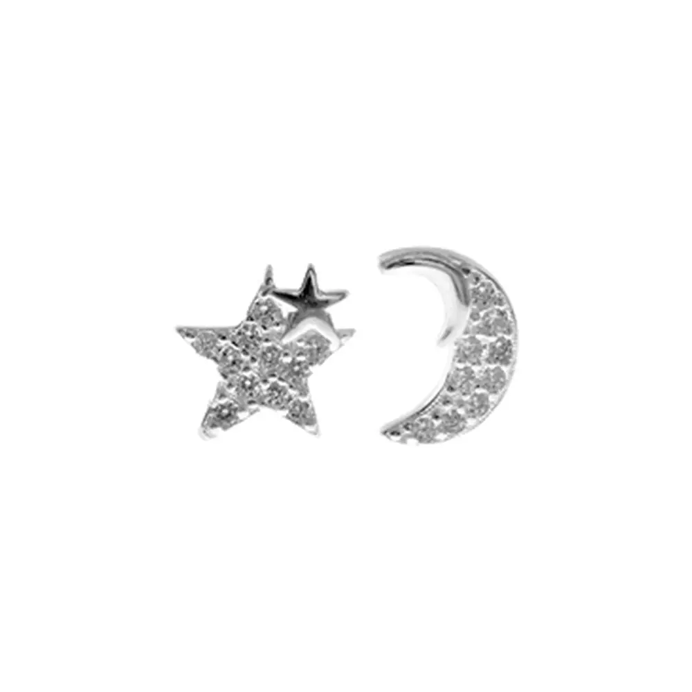 Silver Mismatched Star & Moon CZ Studs
