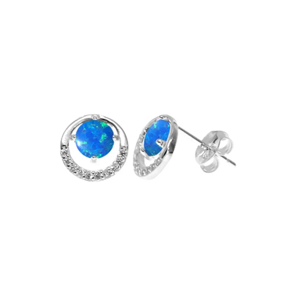 Blue Opalique & CZ Halo Silver Stud Earrings
