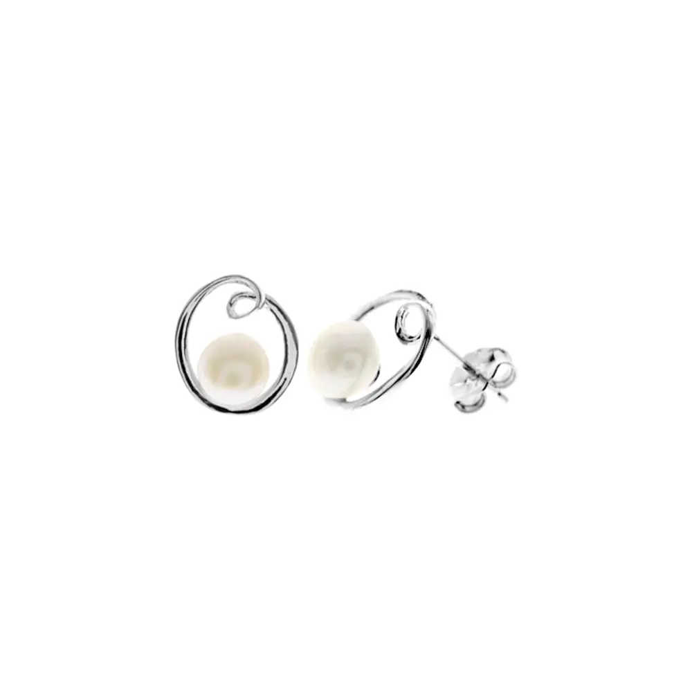 Silver Open Looped Pearl Stud Earrings