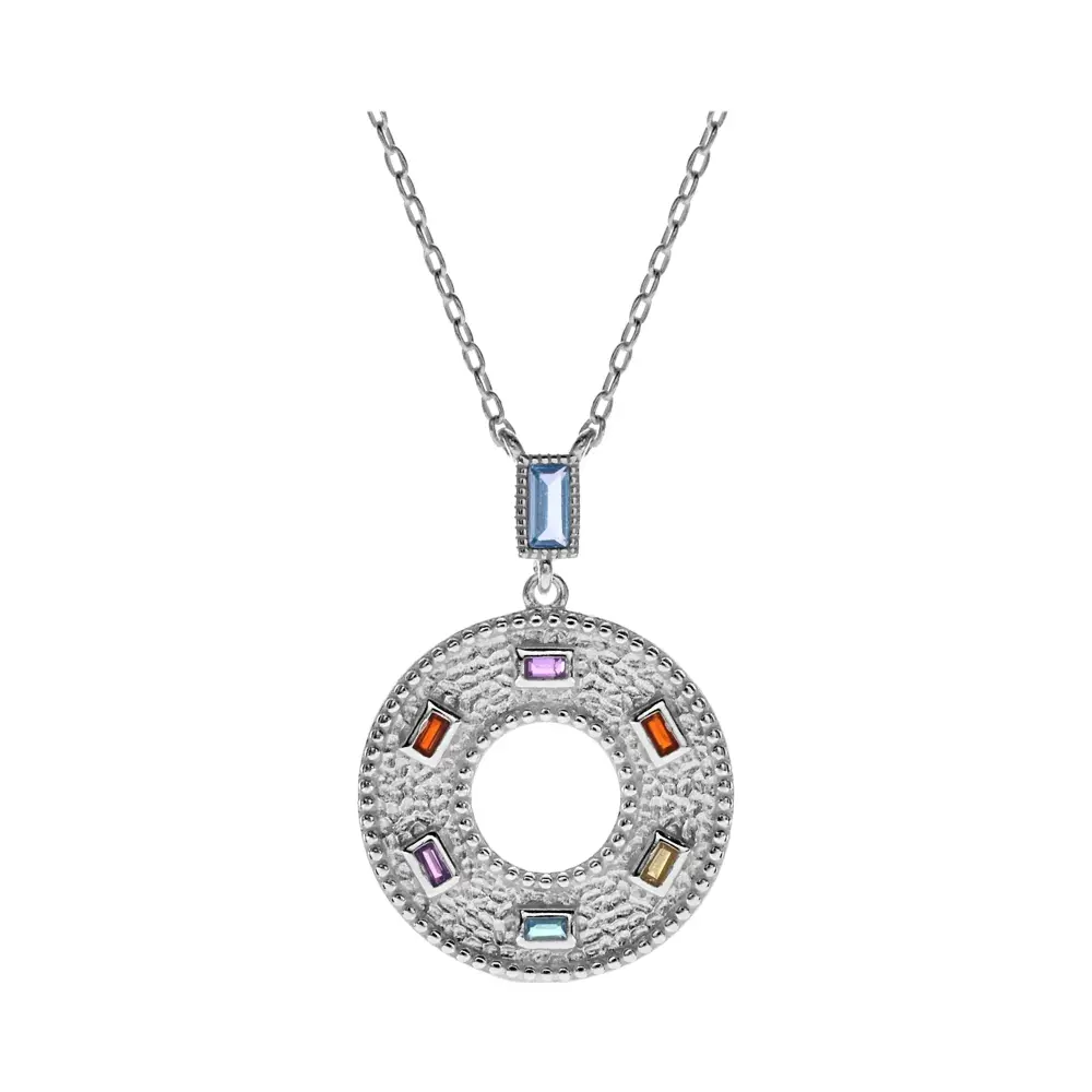 Silver Textured Open Disc Multi Colour Necklace