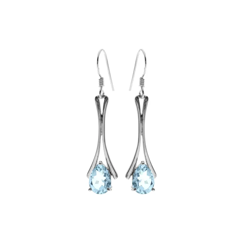 Silver Split Bar Blue Topaz Teardrop Earrings